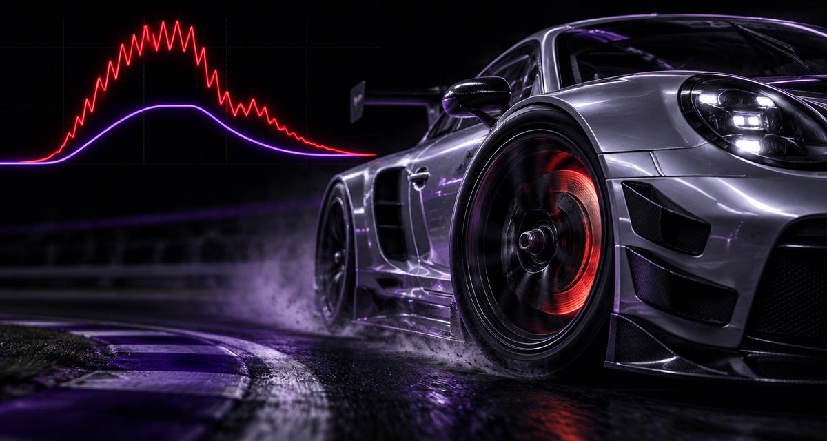 Silver GT race car braking with a prominent front wheel and glowing brake disc, with red overbraking and purple controlled brake pressure telemetry curves