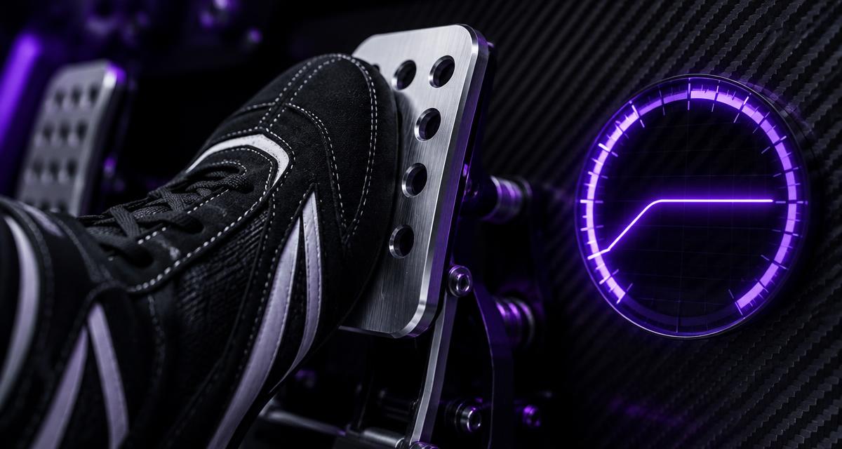 Racing shoe pressing a silver sim racing brake pedal beside a glowing purple target-pressure gauge