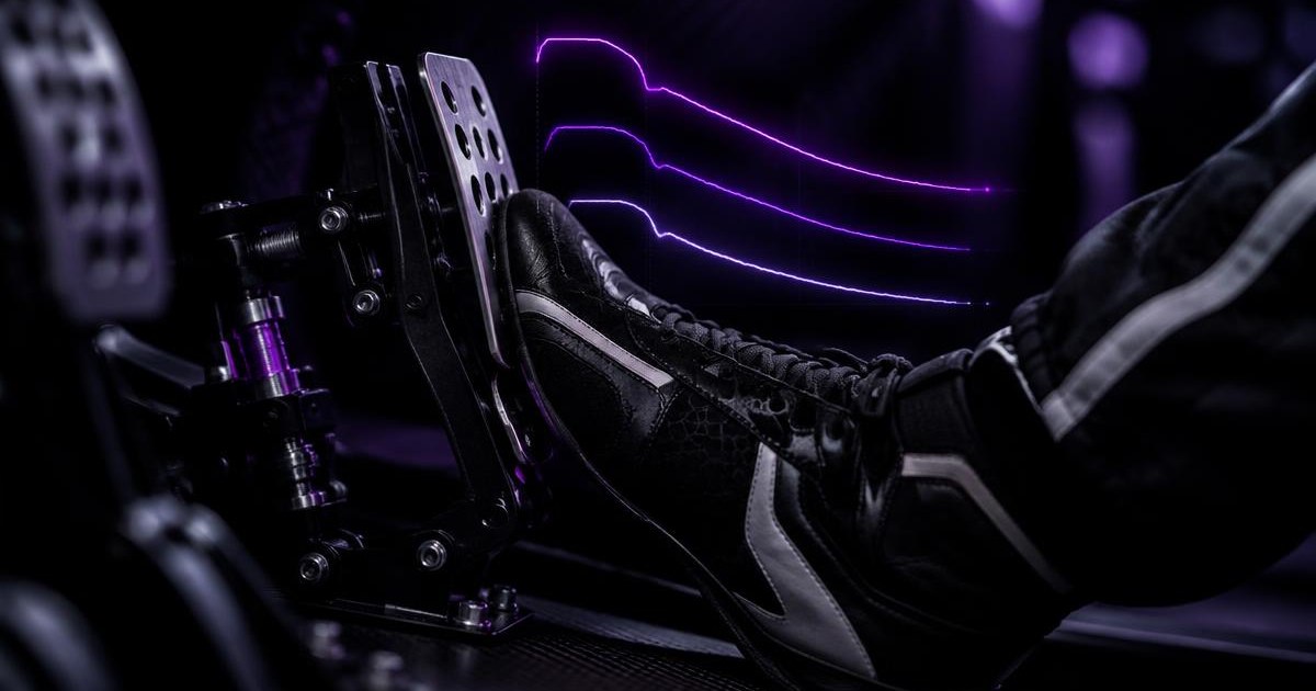 Racing shoe gradually releasing a load-cell brake pedal, with three glowing purple brake pressure release curves