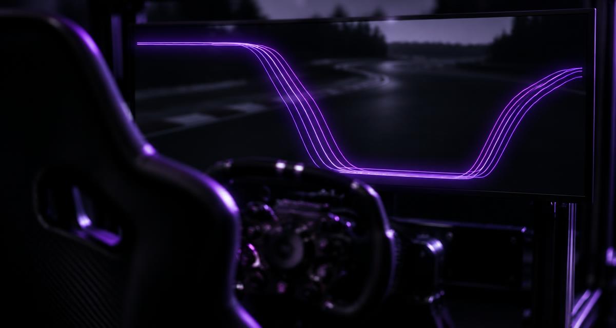 Dark sim racing cockpit with closely aligned purple braking traces from successive laps on screen