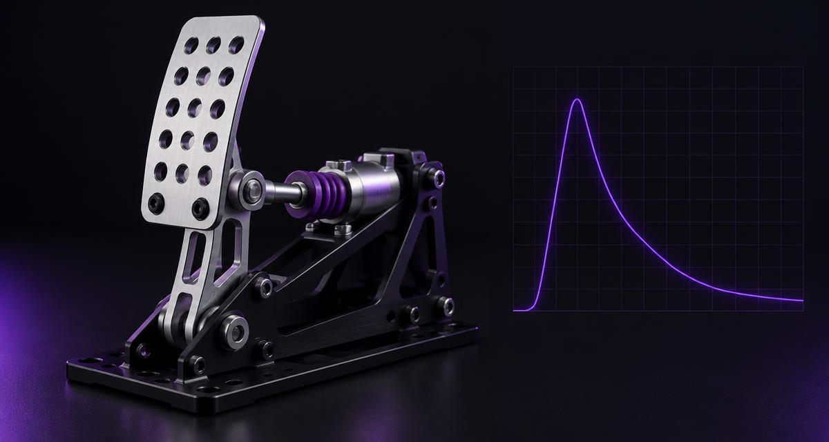 Silver load-cell sim racing brake pedal with purple elastomers and a brake pressure trace