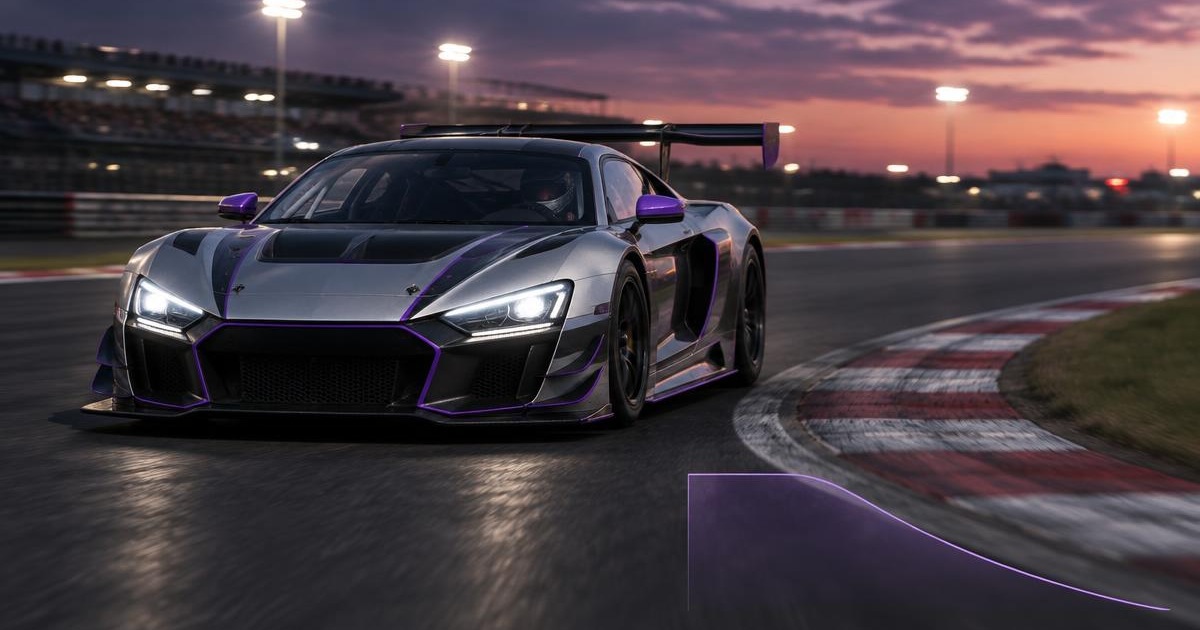 Silver GT racing car entering a circuit corner with a purple progressively decreasing brake pressure trace