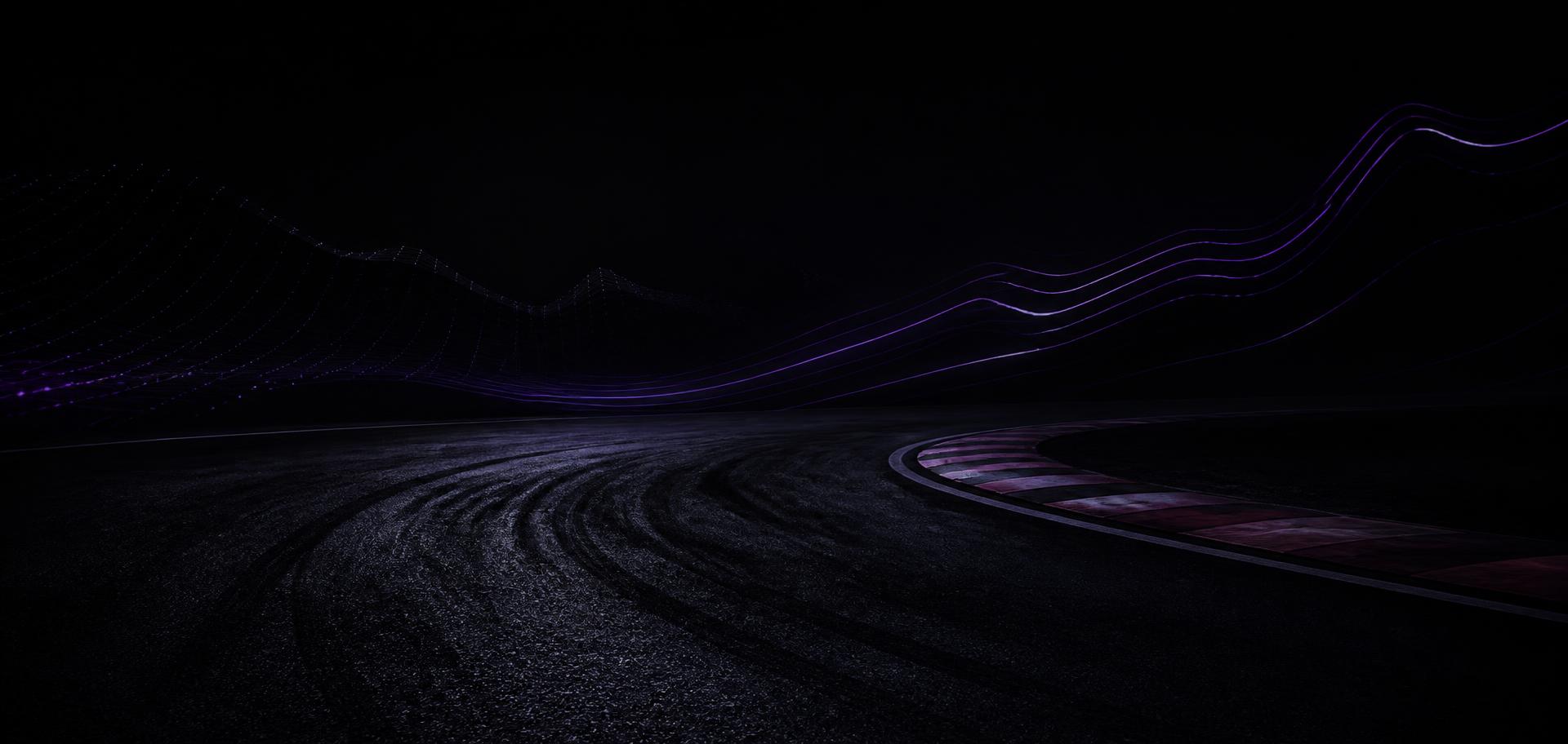 Dark racetrack braking zone with purple telemetry curves
